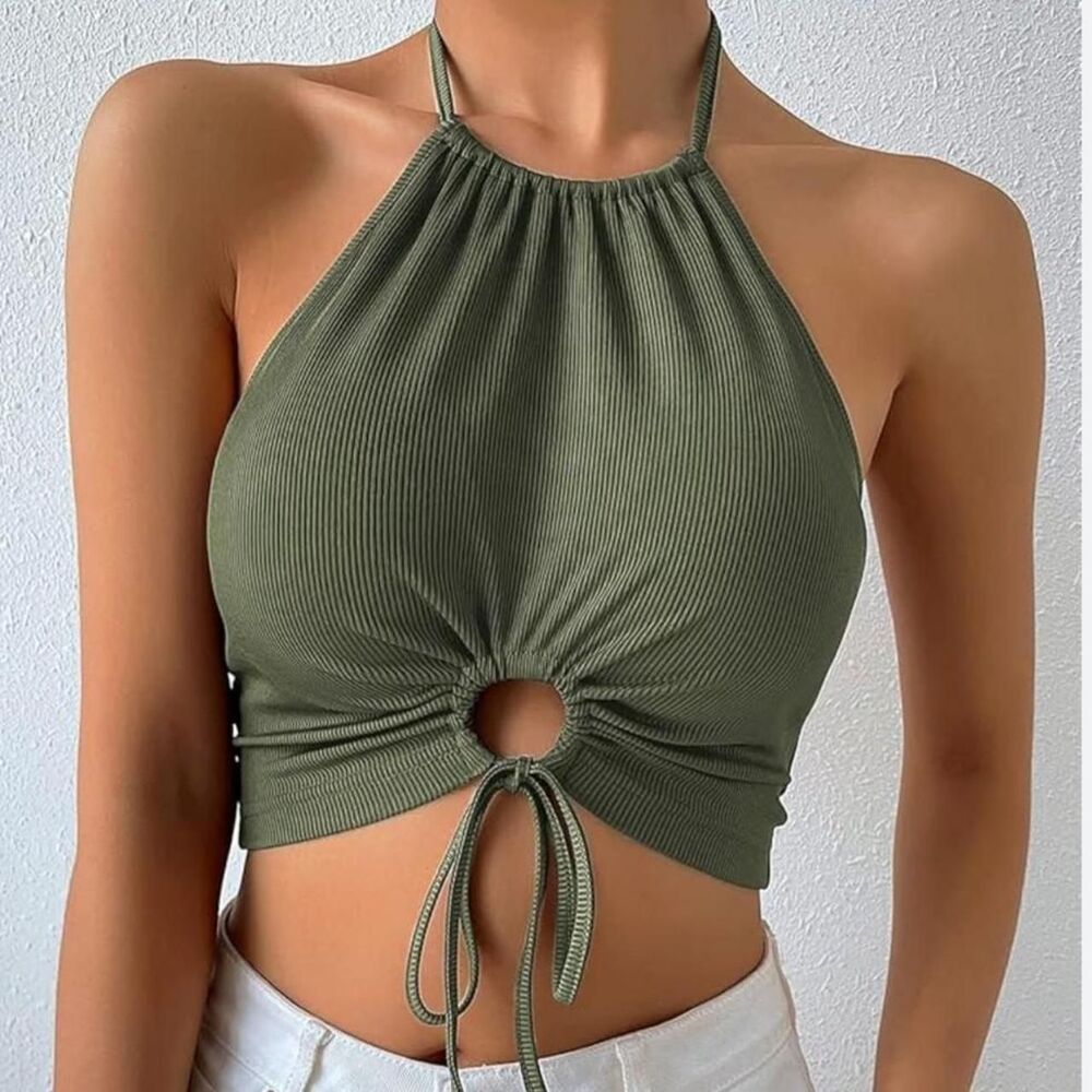Green halter neck crop top with tie detail Size M